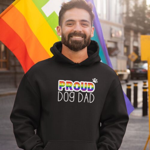man wearing proud dog dad hoodie