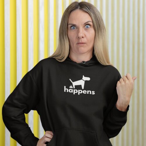 Woman wearing black Shit Happens hoodie