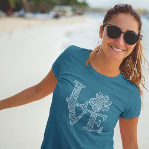 Woman Wearing Arctic Blue Love Dogs Mandala Tshirt
