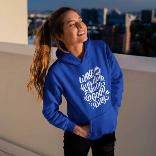 Woman Wearing Wake Up Hug Dog Hoodie - Blue