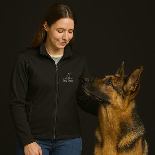 Woman Wearing Dog Mom Soft Shell Jacket