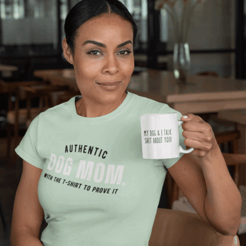 Woman Wearing Mint Green Authentic Dog Mom® Tshirt