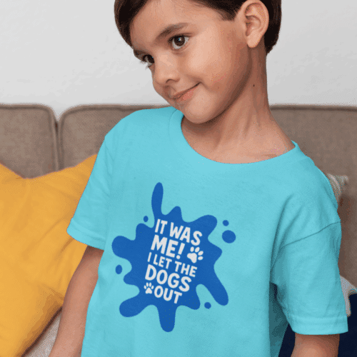 Boy wearing Light Blue I Let the Dogs Out Kids Tee- Dog Mom