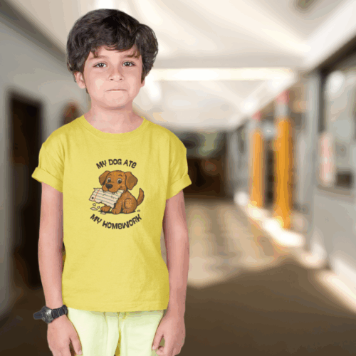 Boy Wearing Yellow My Dog Ate My Homework Kids tee