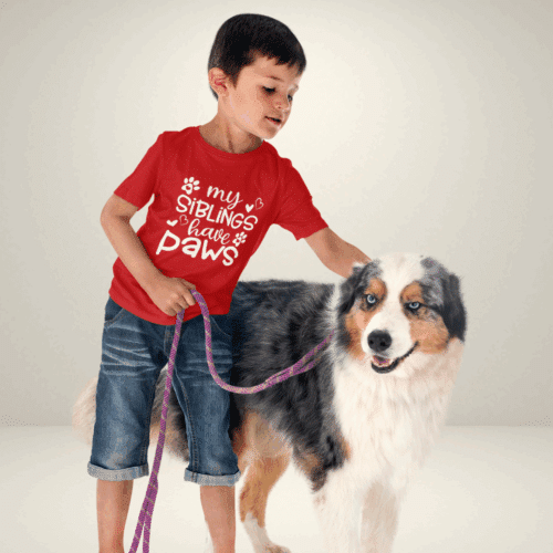 Boy wearing Red My Siblings Have Paws Kids Tee