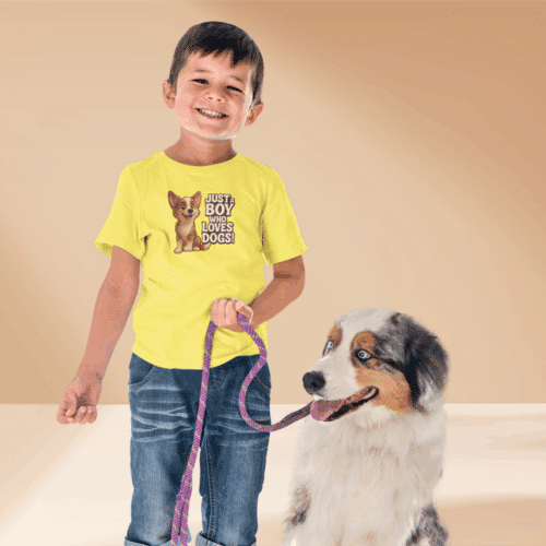 Boy wearing Yellow Just a Boy Who Loves Dogs T-shirt