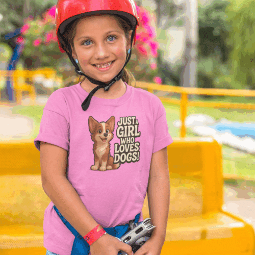 Girl Wearing Pink Just a Girl Who Loves Dogs Kids Tee