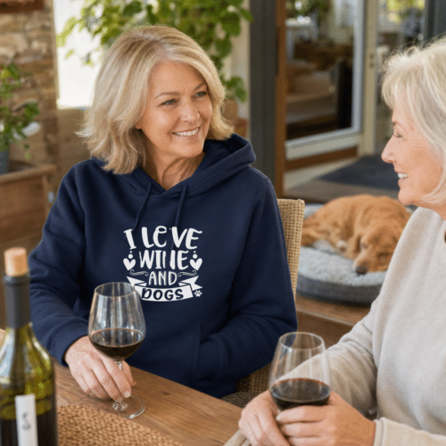 Woman wearing i love wine and dogs hoodie - navy