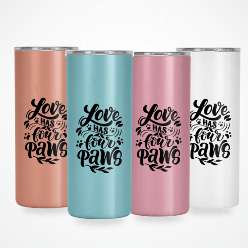 Love has four paws - 15 oz skinny tumbler - lifestyle main four colours