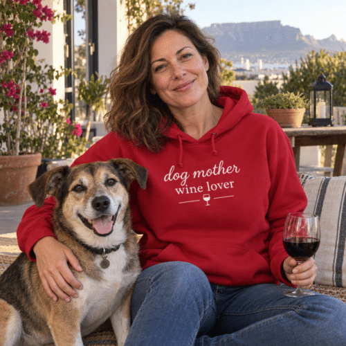 Woman wearing dog mother wine lover hoodie - red